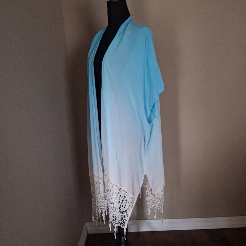 Chico's Coastal Boho vibes Teal White Women's Flowy Kimono Cover Up L/XL - Picture 6 of 16